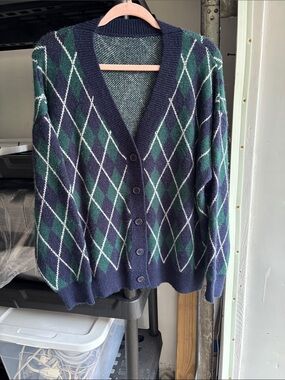 SHEIN Navy & Green Argyle V-Neck Button Cardigan